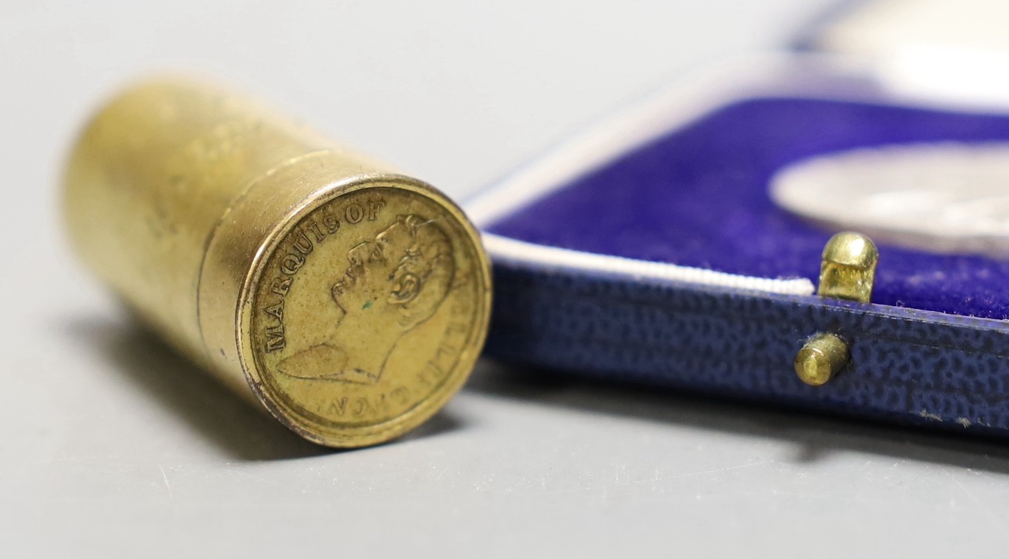 Marquis of Wellington’ British Victories in the Peninsular Campaign cylindrical brass box by Thomason & Jones, containing 23 gilt medallions, together with a cased silver commemorative medallion